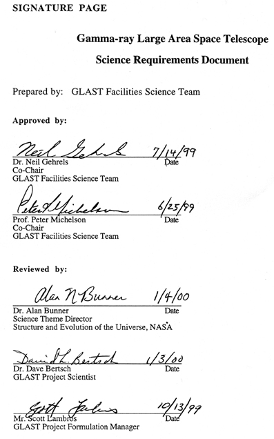 Signature page showing signatures of Co-chairs: Neil Gehrels and Peter Michelson, SEU Theme Director: Alan Bunner, Project Scientist: David Bertsch, and Project Formulation Manager: Scott Lambros