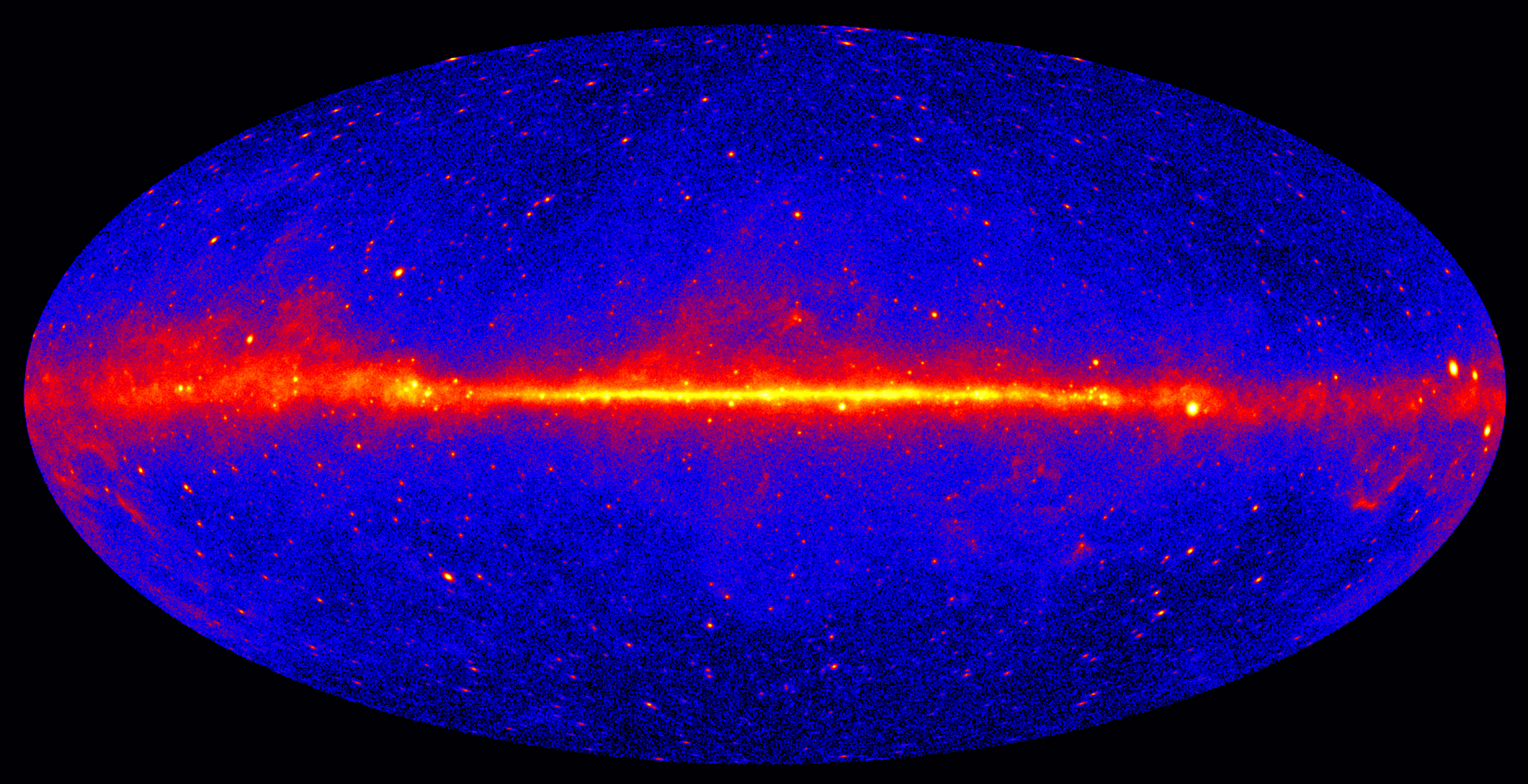 Ten widok pokazuje całe niebo w energiach większych niż 1 GeV na podstawie pięciu lat dane z instrumentu LAT NASA Fermi na Gamma-ray Space Telescope. Jaśniejsze kolory wskazują jaśniejsze źródeł promieniowania gamma.
