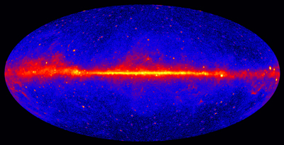 This view shows the entire sky at energies greater than 1 GeV based on five years of data from the LAT instrument on NASA's Fermi Gamma-ray Space Telescope. Brighter colors indicate brighter gamma-ray sources.
