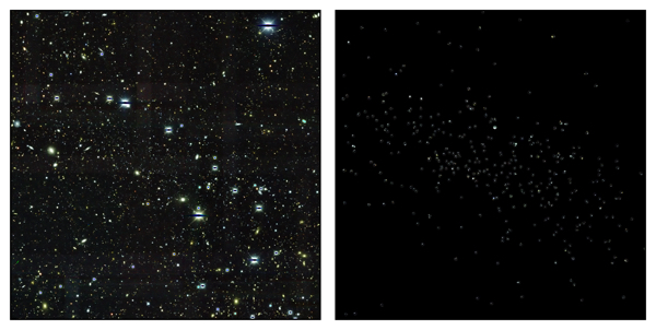 A dwarf galaxy discovered in the Dark Energy Survey (DES) with the raw image (left), and the only the stars included in this galaxy (right).