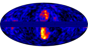 A whole-sky residual map of >6.4 GeV emission showing the Fermi bubbles, gigantic structures that seem to be connected to the center of the Galaxy.