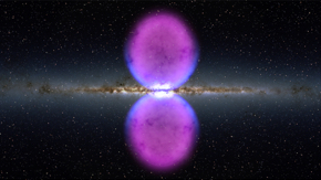 An artists conception of the bubbles overlayed on top of an optical band image of the Milky Way plan.