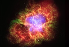 The Crab Nebula seen in both optical (red + green) and X-ray (purple) emission regions. The active torus of the PWN is clearly visible in X-rays.