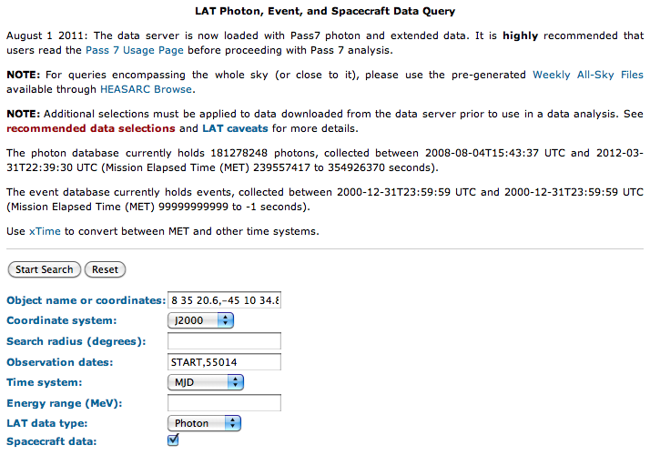 Downloading data for Vela from the LAT data server